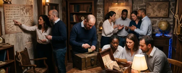 Un groupe de collaborateurs résout ensemble des énigmes autour d'un coffre à code dans une salle d'escape game.