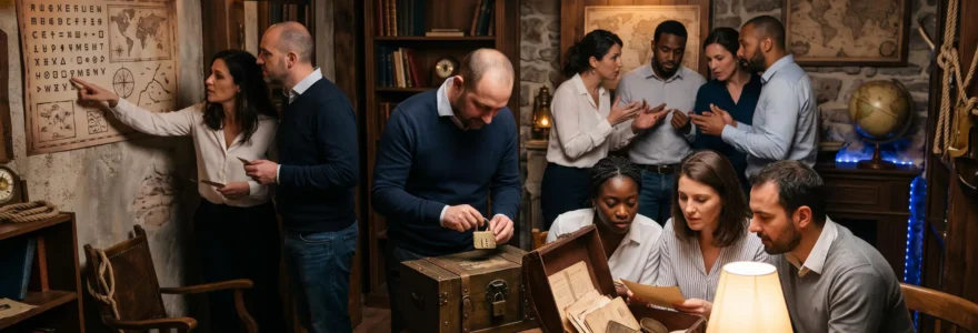 Un groupe de collaborateurs résout ensemble des énigmes autour d'un coffre à code dans une salle d'escape game.