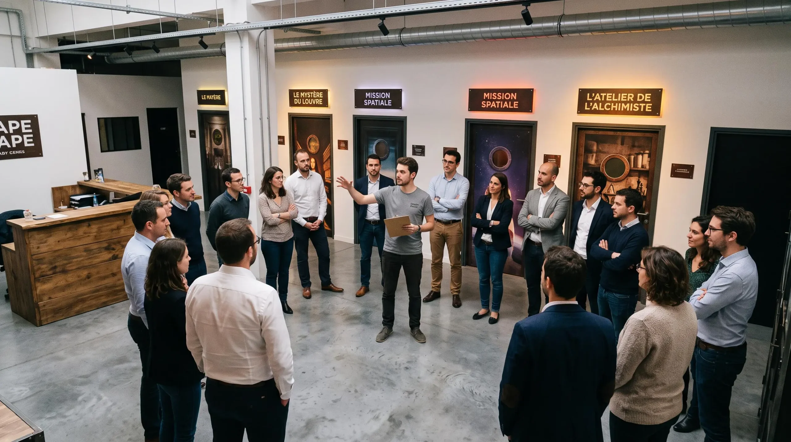 Un maître du jeu briefe un grand groupe de collaborateurs dans le hall d'un établissement d'escape game.